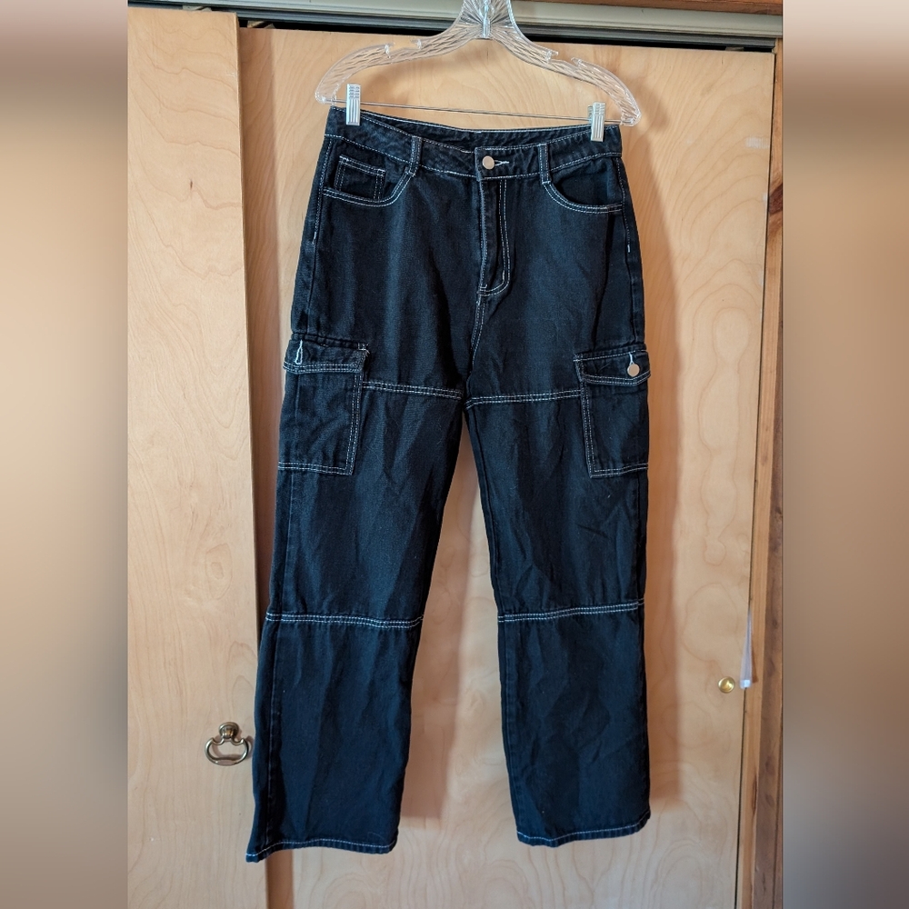 Women's Black Cargo Pants With White Stitching